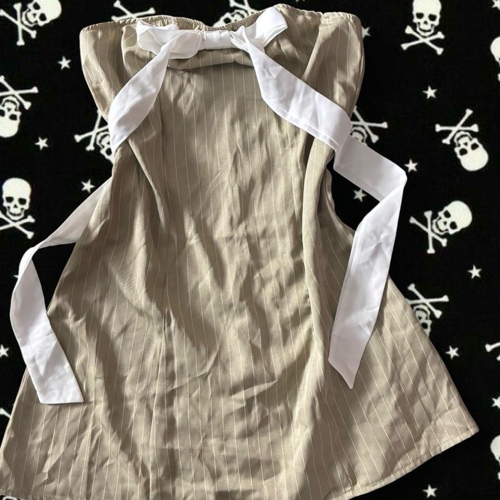 Beige Pinstripe Strapless Dress with White Sash